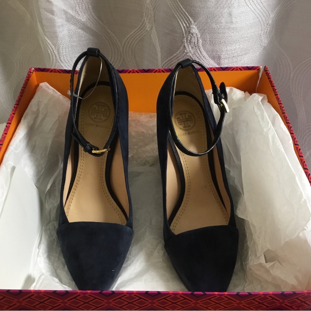 Tory Burch Navy Suede Pointed-Toe Ankle-Strap Pumps